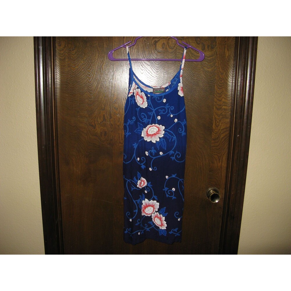 Womens High Society Blue Floral Strappy Hawaiian Dress Tropical Hippy Gypsy Sz L